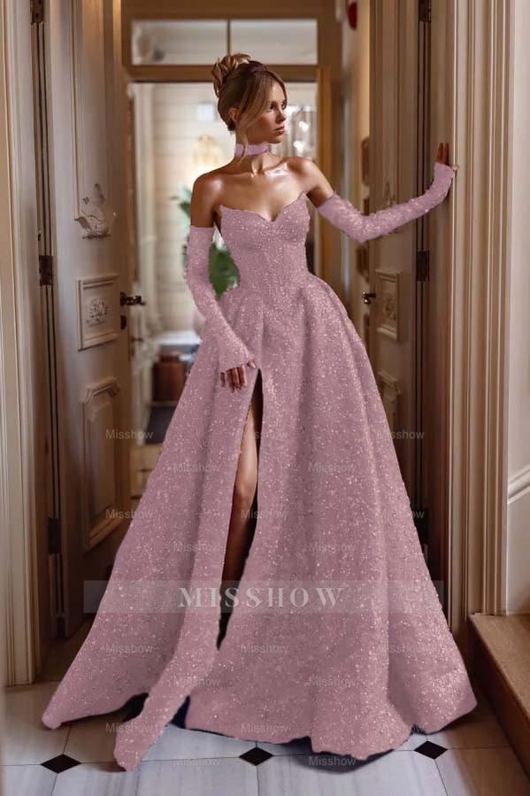 Strapless Sleeveless Long Split Formal Dress With Sequins Detachable sleeves