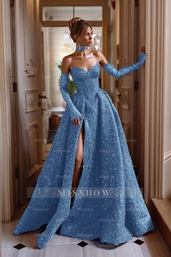Strapless Sleeveless Long Split Formal Dress With Sequins Detachable sleeves