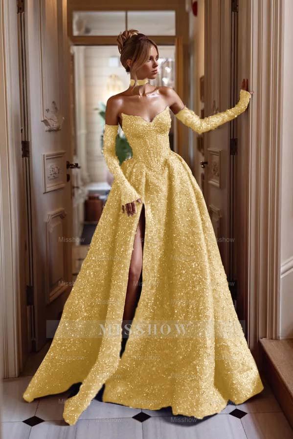 Strapless Sleeveless Long Split Formal Dress With Sequins Detachable sleeves