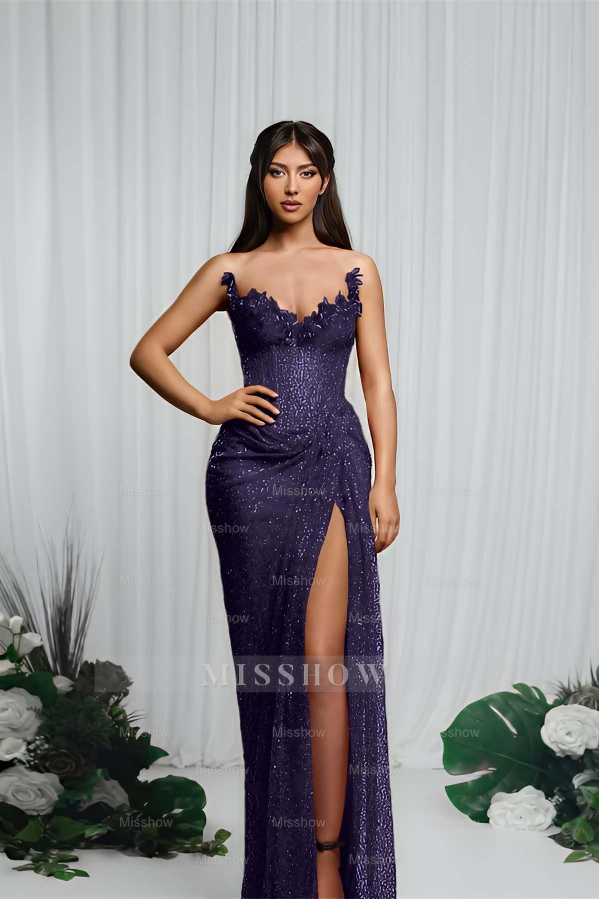 Strapless Sleeveless Mermaid Formal Dress With High Split Pleated