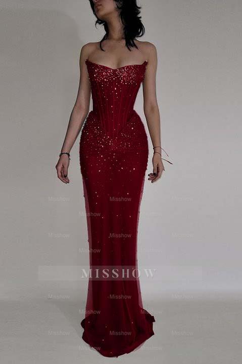 Strapless Sleeveless Mermaid Long Formal Dress With Beading Tulle
