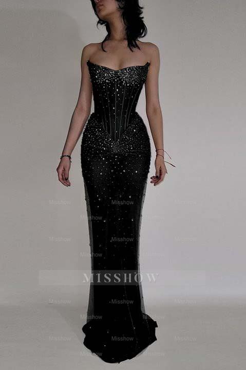 Strapless Sleeveless Mermaid Long Formal Dress With Beading Tulle