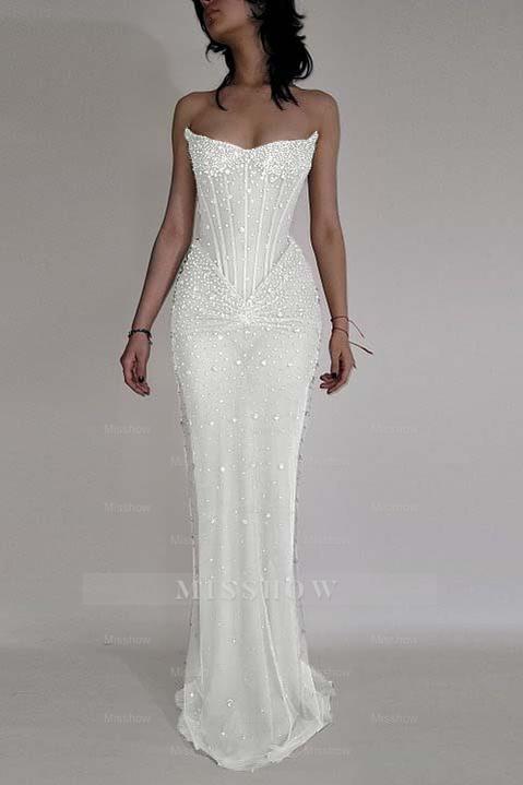 Strapless Sleeveless Mermaid Long Formal Dress With Beading Tulle