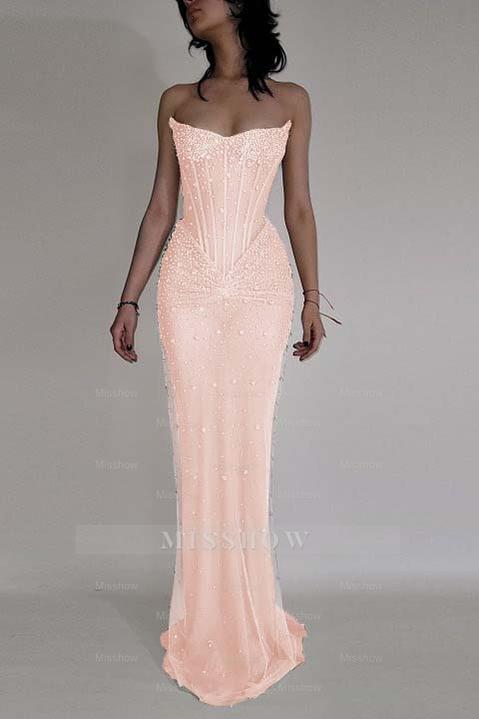 Strapless Sleeveless Mermaid Long Formal Dress With Beading Tulle