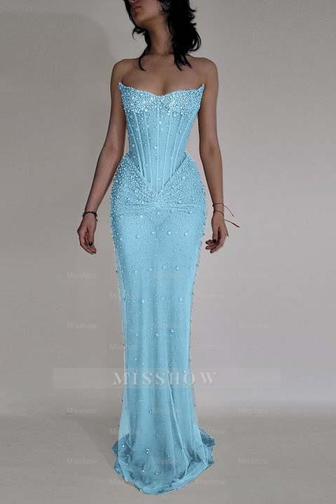 Strapless Sleeveless Mermaid Long Formal Dress With Beading Tulle
