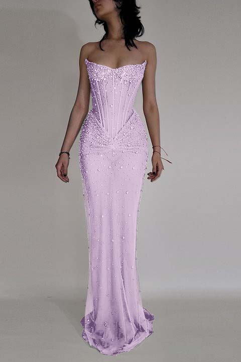 Strapless Sleeveless Mermaid Long Formal Dress With Beading Tulle