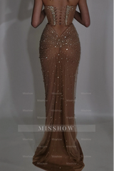 Strapless Sleeveless Mermaid Long Formal Dress With Beading Tulle