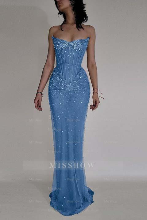 Strapless Sleeveless Mermaid Long Formal Dress With Beading Tulle