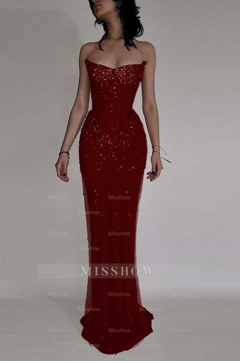 Strapless Sleeveless Mermaid Long Formal Dress With Beading Tulle