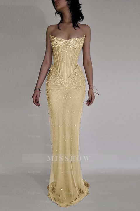 Strapless Sleeveless Mermaid Long Formal Dress With Beading Tulle