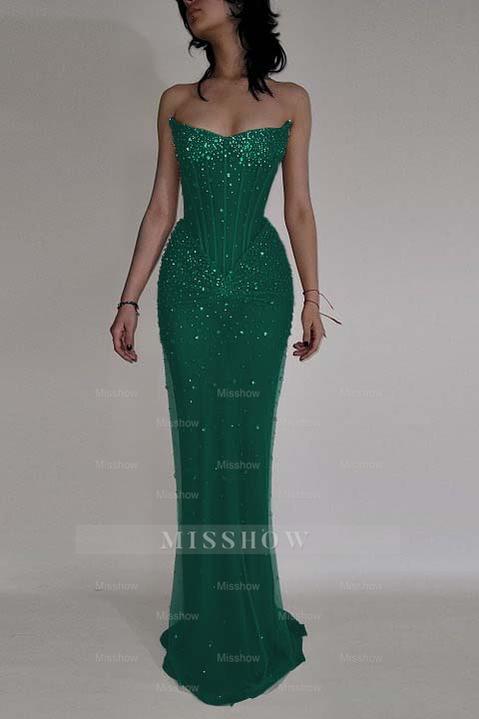 Strapless Sleeveless Mermaid Long Formal Dress With Beading Tulle