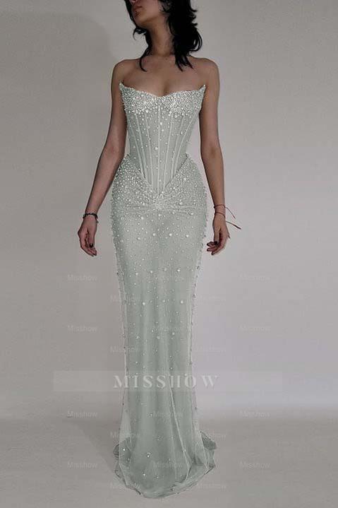 Strapless Sleeveless Mermaid Long Formal Dress With Beading Tulle