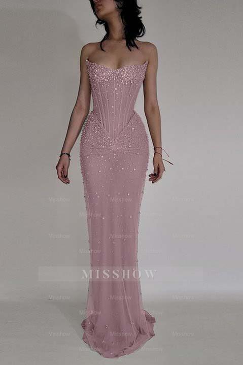 Strapless Sleeveless Mermaid Long Formal Dress With Beading Tulle