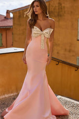Strapless Sleeveless Mermaid Long Formal Dress With Bowknot Beading