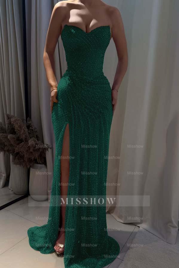 Strapless Sleeveless Mermaid Long Formal Dress With Split Pleated