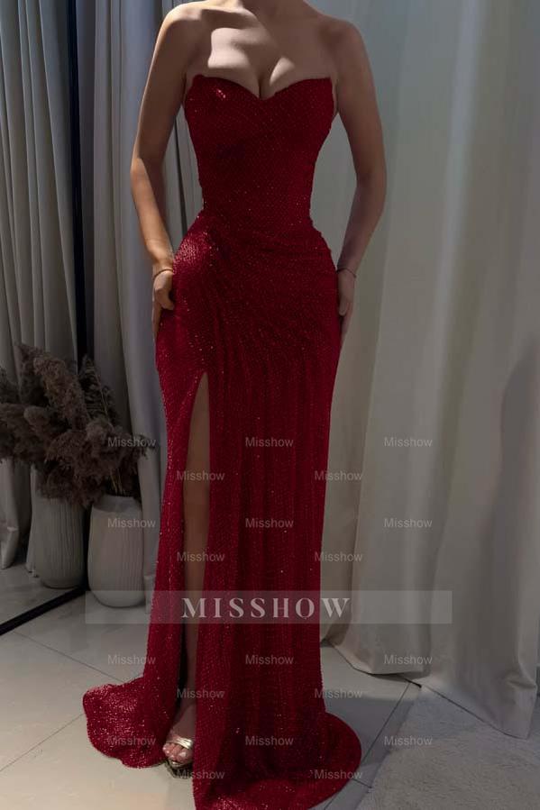 Strapless Sleeveless Mermaid Long Formal Dress With Split Pleated