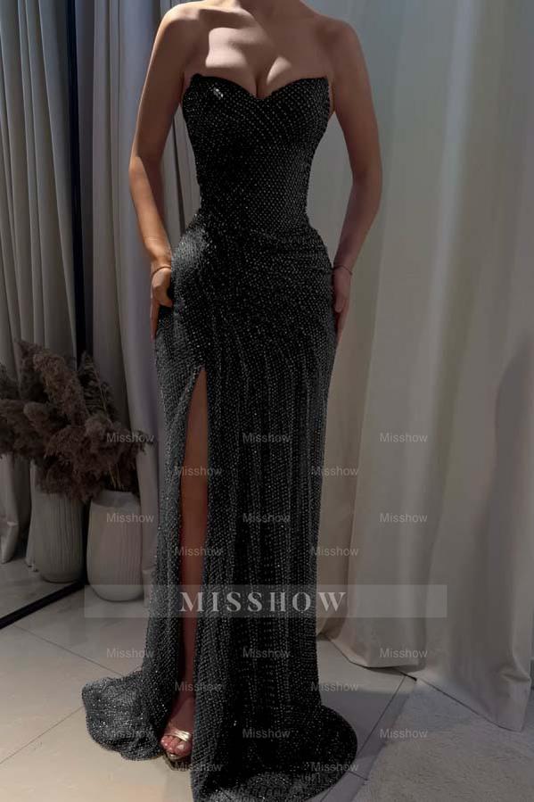 Strapless Sleeveless Mermaid Long Formal Dress With Split Pleated