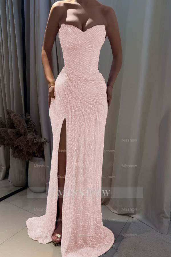 Strapless Sleeveless Mermaid Long Formal Dress With Split Pleated