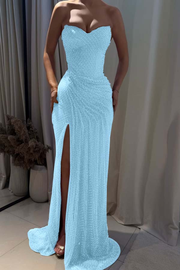 Strapless Sleeveless Mermaid Long Formal Dress With Split Pleated