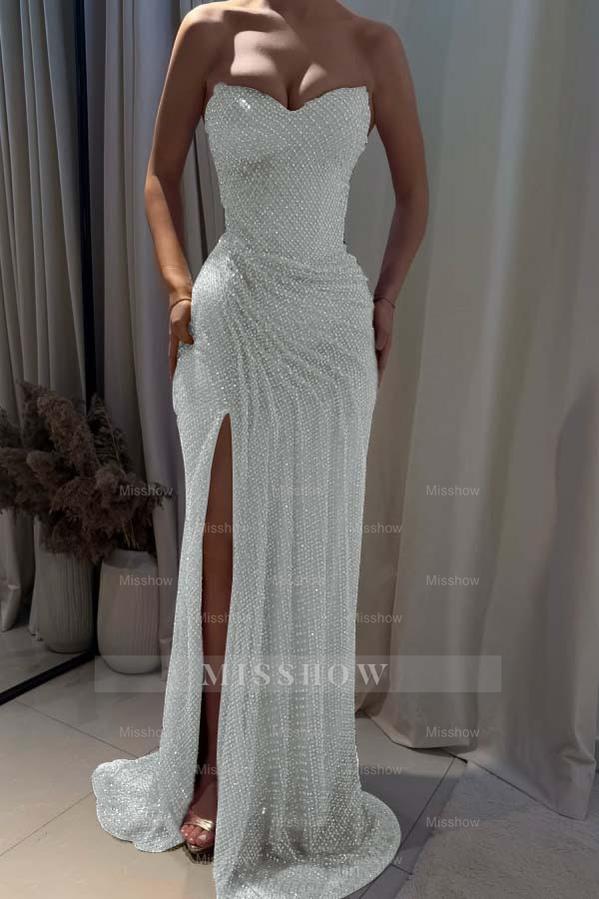Strapless Sleeveless Mermaid Long Formal Dress With Split Pleated