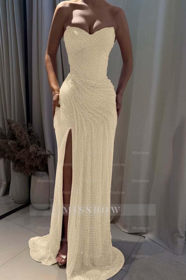 Strapless Sleeveless Mermaid Long Formal Dress With Split Pleated