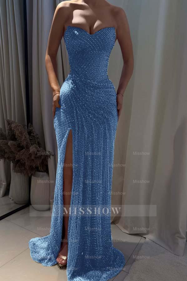 Strapless Sleeveless Mermaid Long Formal Dress With Split Pleated