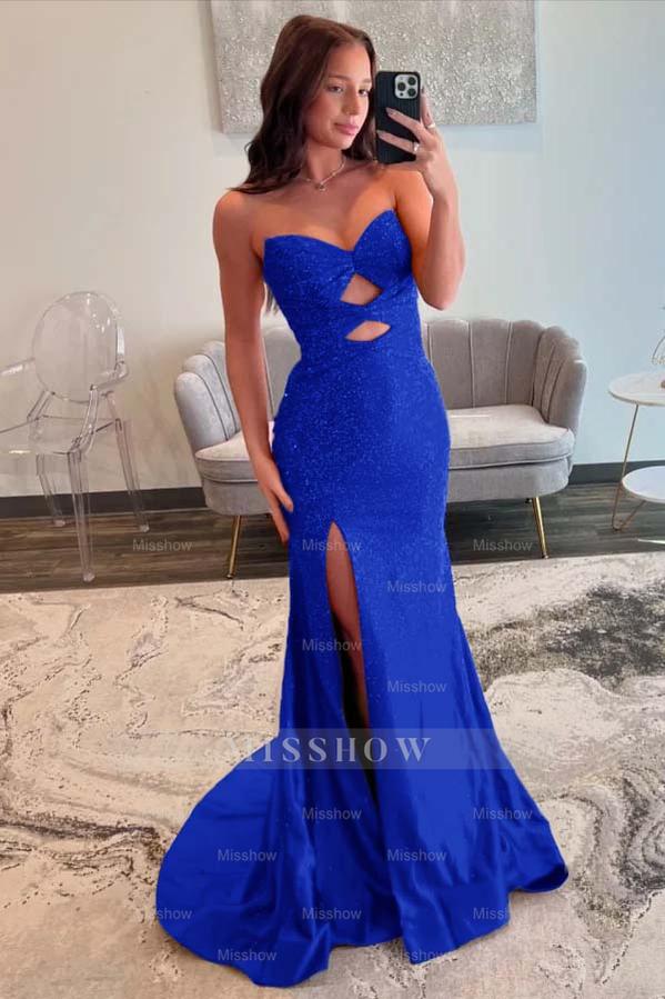 Strapless Sleeveless Mermaid Long Formal Dress With Split Sequins