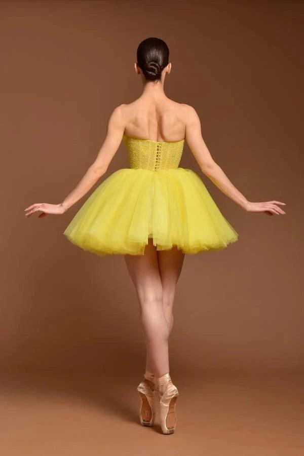 Strapless Sleeveless Ruffled Beaded Tulle Tutu A-Line Lace-Up Back Mini Party Dress