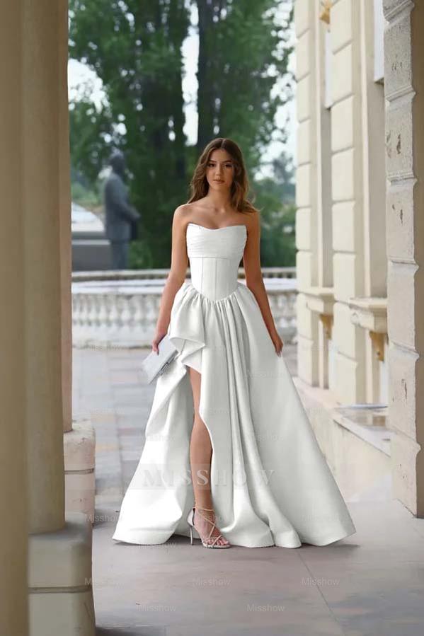 Strapless Sleeveless Side Split Long Formal Dress With Pleated