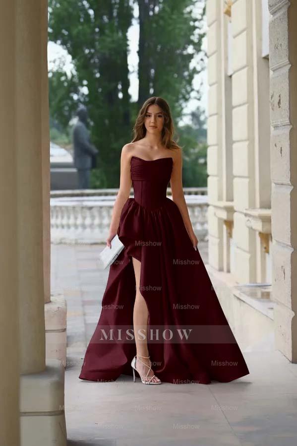 Strapless Sleeveless Side Split Long Formal Dress With Pleated