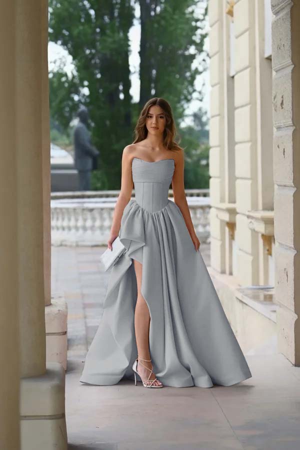 Strapless Sleeveless Side Split Long Formal Dress With Pleated
