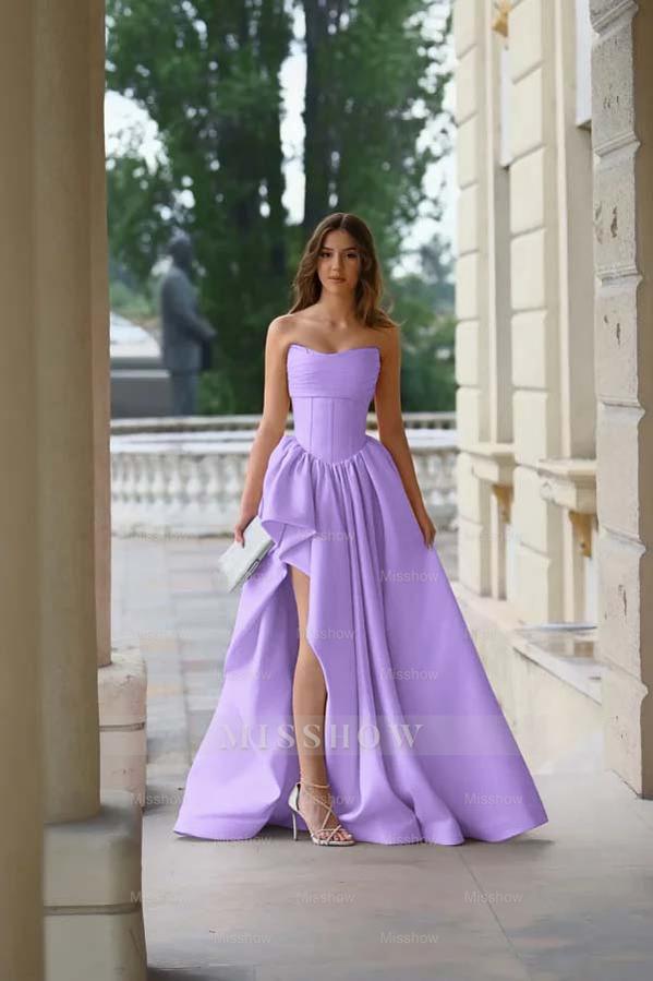 Strapless Sleeveless Side Split Long Formal Dress With Pleated