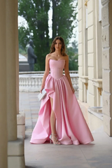 Strapless Sleeveless Side Split Long Formal Dress With Pleated