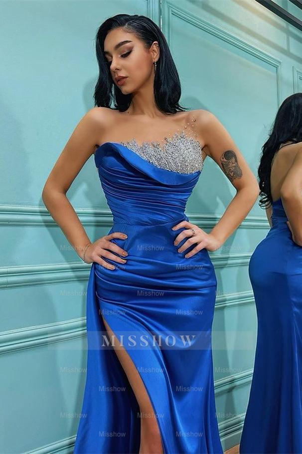 Strapless Sleeveless Split Royal Blue Mermaid Formal Dress With Beading