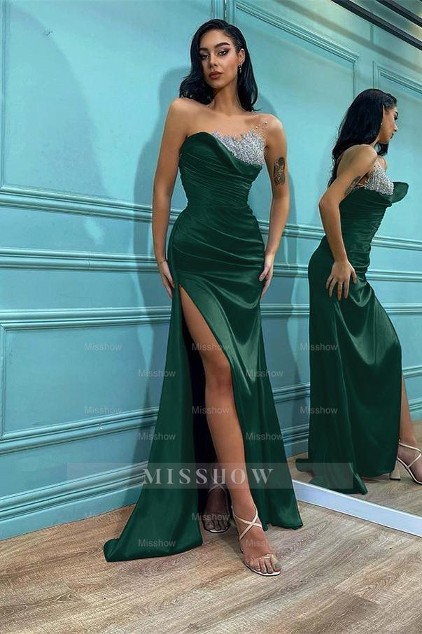 Strapless Sleeveless Split Royal Blue Mermaid Formal Dress With Beading