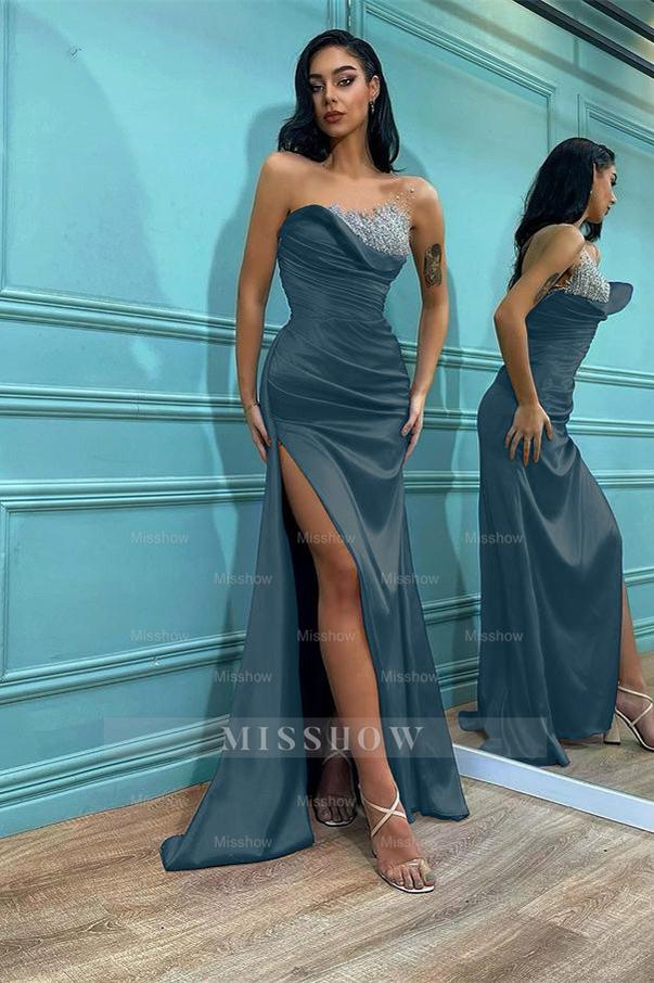 Strapless Sleeveless Split Royal Blue Mermaid Formal Dress With Beading