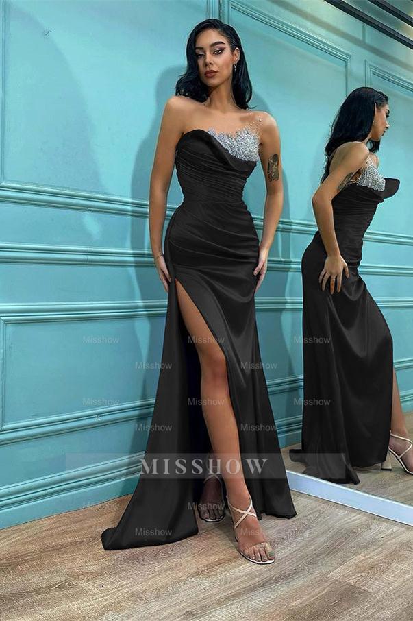 Strapless Sleeveless Split Royal Blue Mermaid Formal Dress With Beading