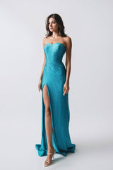 Strapless Sleeveless Sweetheart Long Split Formal Dress With Beading