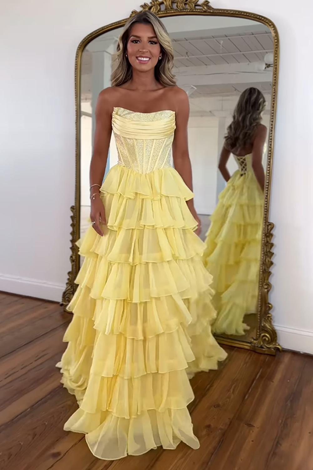 Strapless Sleeveless Tiered Chiffon A-Line Prom Dress Floor Length