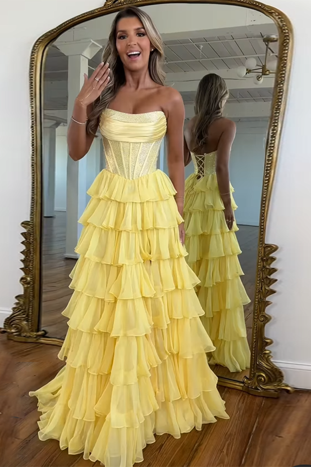 Strapless Sleeveless Tiered Chiffon A-Line Prom Dress Floor Length