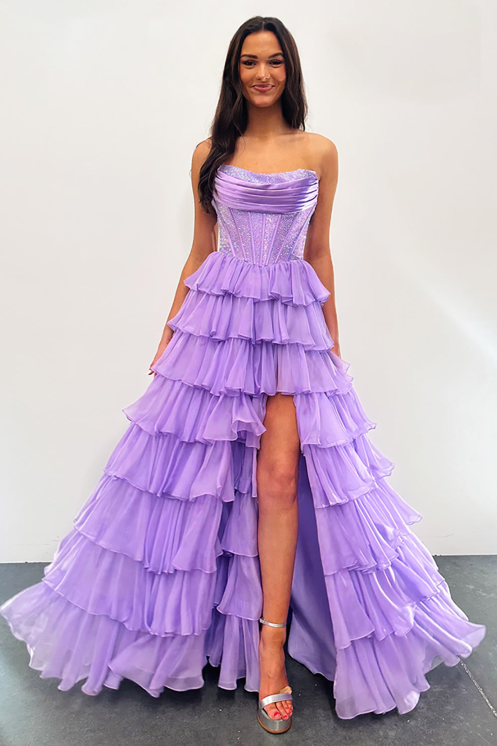 Strapless Sleeveless Tiered Chiffon A-Line Prom Dress Floor Length