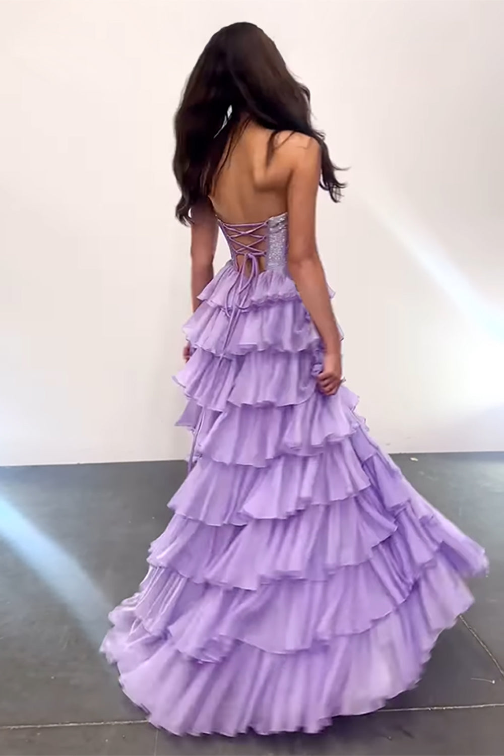 Strapless Sleeveless Tiered Chiffon A-Line Prom Dress Floor Length