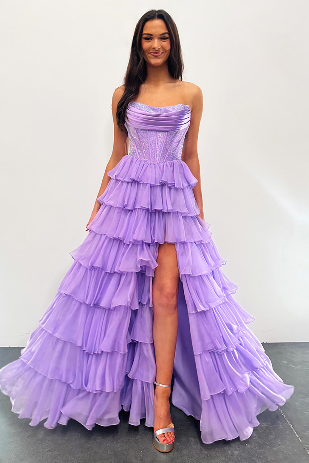 Strapless Sleeveless Tiered Chiffon A-Line Prom Dress Floor Length