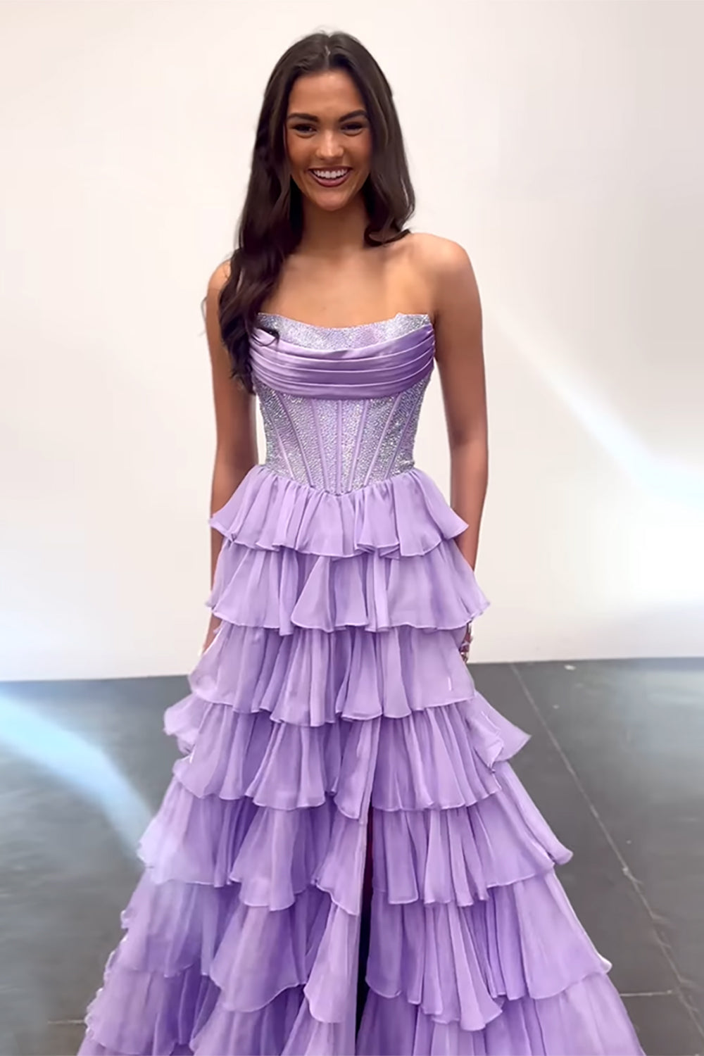 Strapless Sleeveless Tiered Chiffon A-Line Prom Dress Floor Length