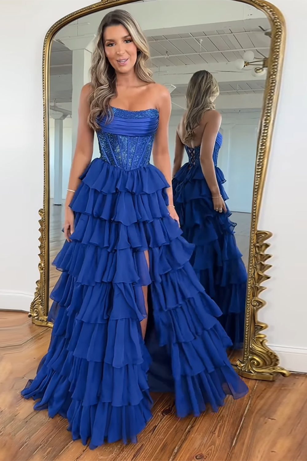 Strapless Sleeveless Tiered Chiffon A-Line Prom Dress Floor Length