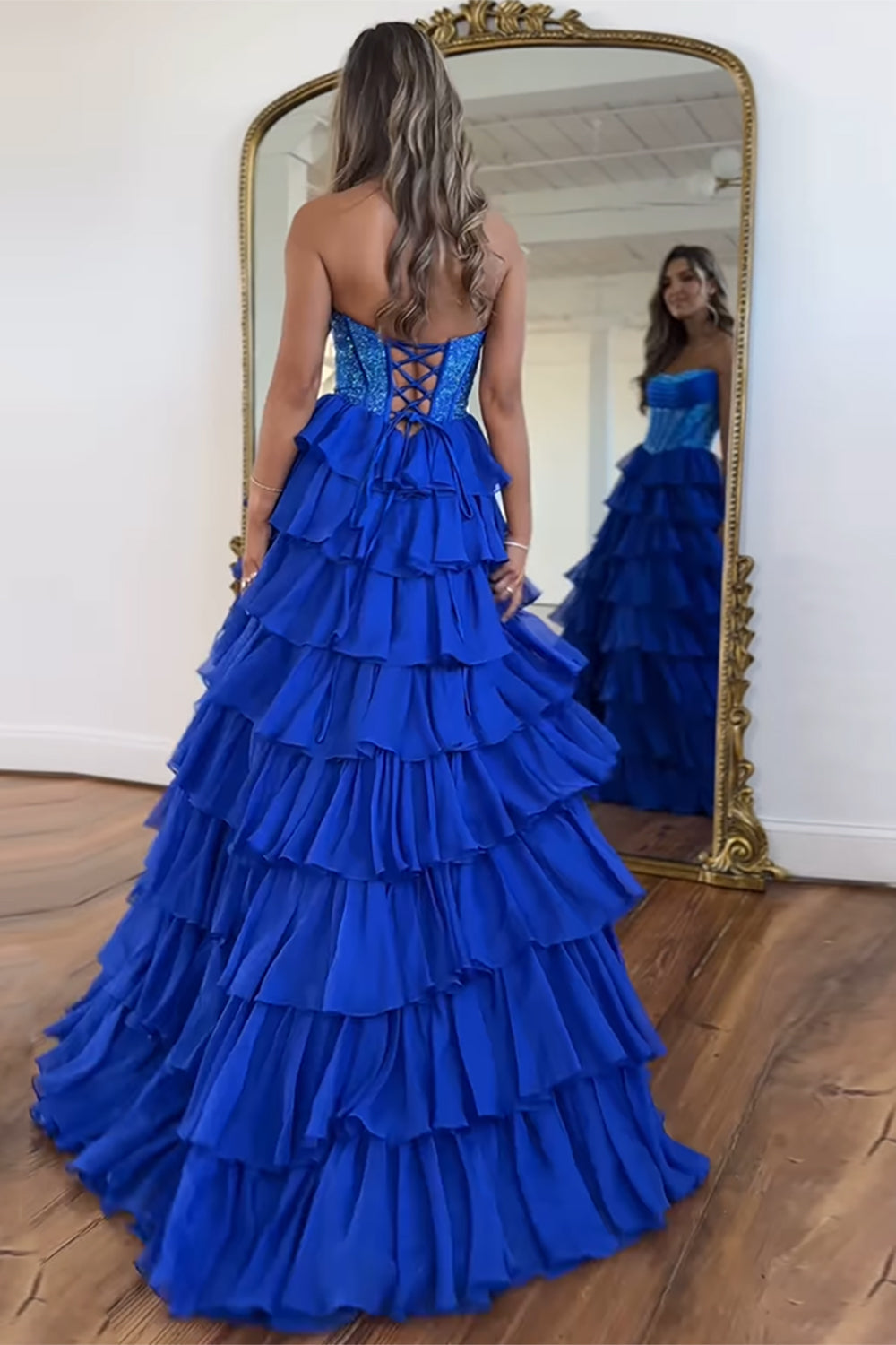 Strapless Sleeveless Tiered Chiffon A-Line Prom Dress Floor Length