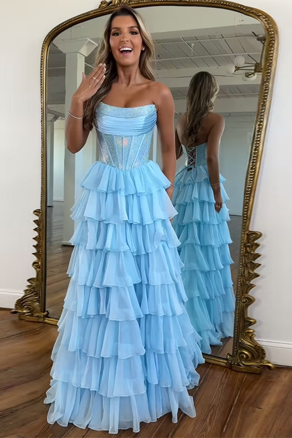 Strapless Sleeveless Tiered Chiffon A-Line Prom Dress Floor Length