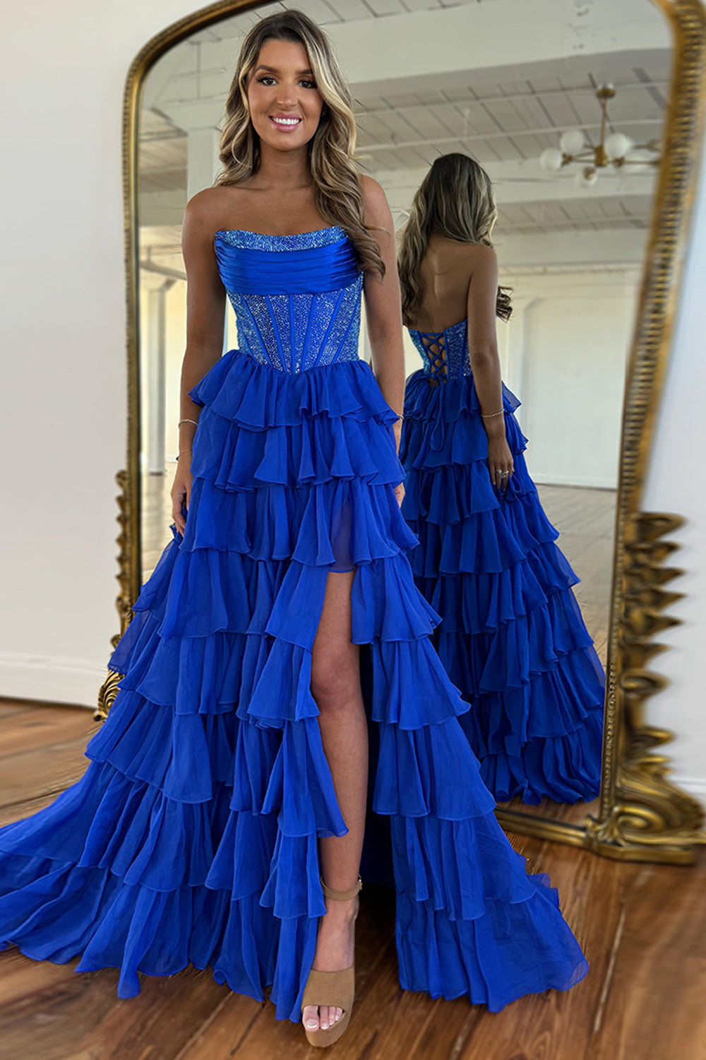 Strapless Sleeveless Tiered Chiffon A-Line Prom Dress Floor Length