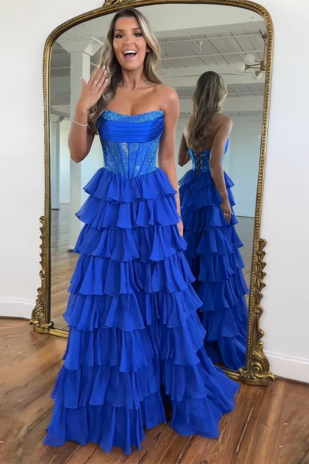 Strapless Sleeveless Tiered Chiffon A-Line Prom Dress Floor Length