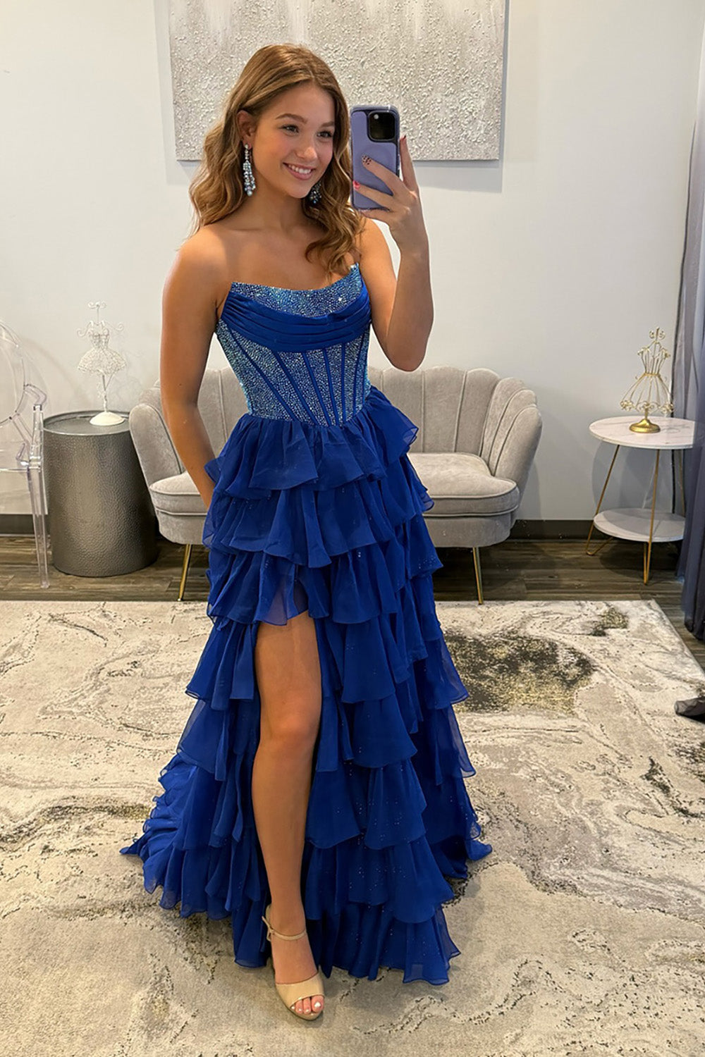 Strapless Sleeveless Tiered Chiffon A-Line Prom Dress Floor Length